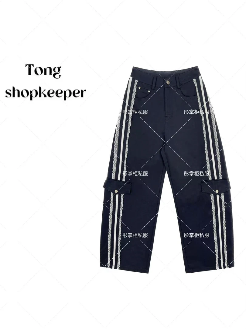 QJ/彤掌柜1681439 春季2025走秀款线条设计拼接蕾丝腰头休闲裤