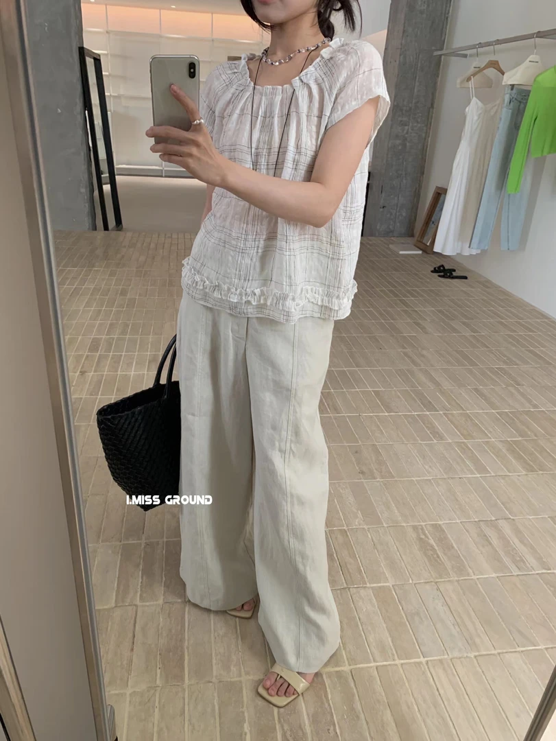 imiss@10598 韩系百搭减龄圆领格子花边小衫（百百亚麻）6-26