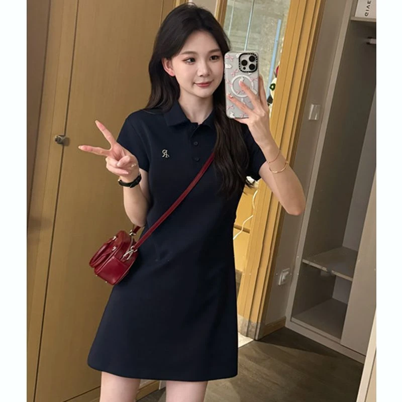 2025学院风Polo领连衣裙女夏季小个子收腰显瘦休闲洋气减龄t恤裙