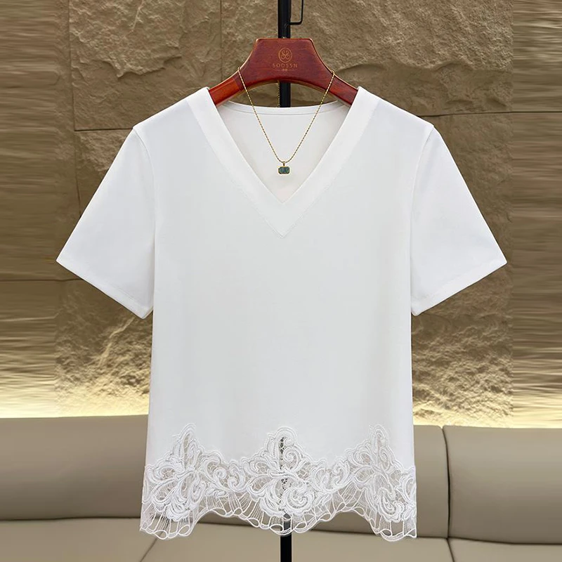 高含棉时髦拼接蕾丝短袖t恤女2025夏季新款小众设计感v领打底上衣
