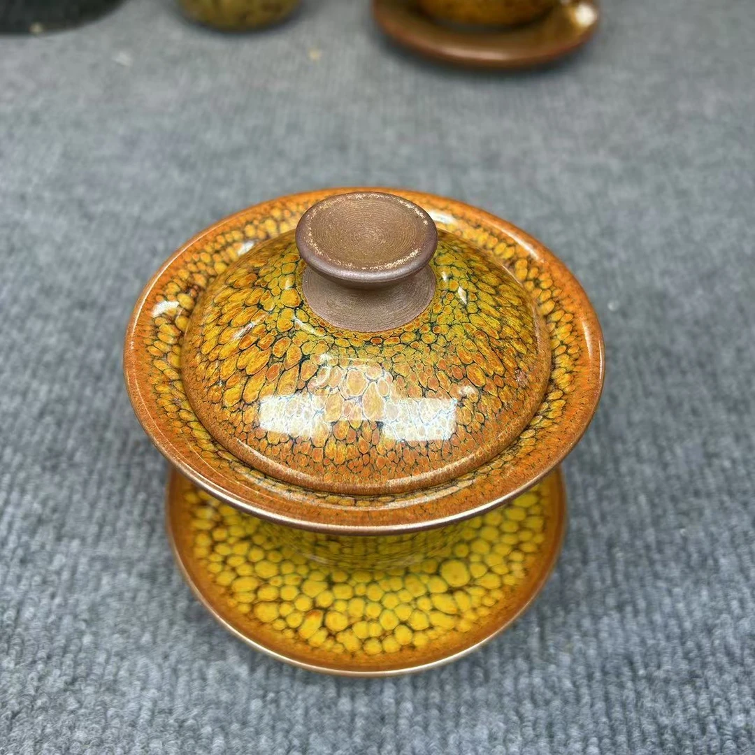 建盏金鹧鸪三才盖碗铁胎