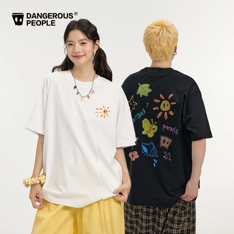 Dangerouspeople薛之谦dsp童趣手绘涂鸦短袖潮牌全棉落肩宽松T恤