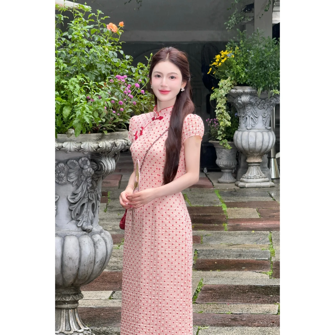 【甜桃】LiLi新中式少女国风花朵波点旗袍连衣裙XMZH8001