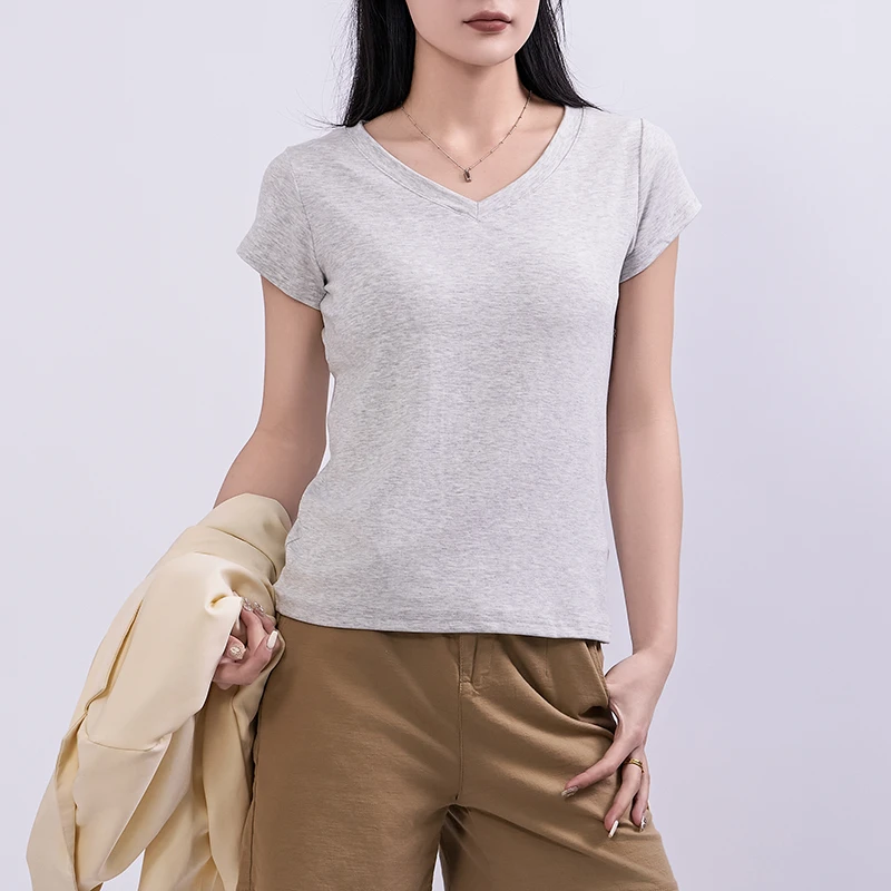正肩v领短袖t恤女夏季2025新款简约修身显瘦体恤休闲半袖打底上衣