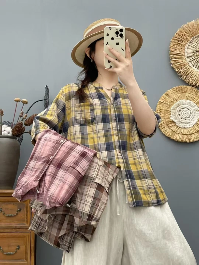 2025年夏季V领女装短袖衬衫女宽松休闲格子上衣女双层棉纱学院风