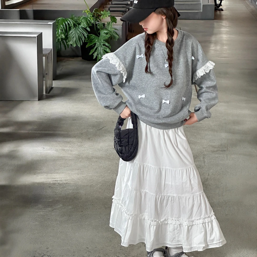 女童秋装蝴蝶结花边卫衣2025新款韩版宽松春秋儿童卫衣半身裙时尚