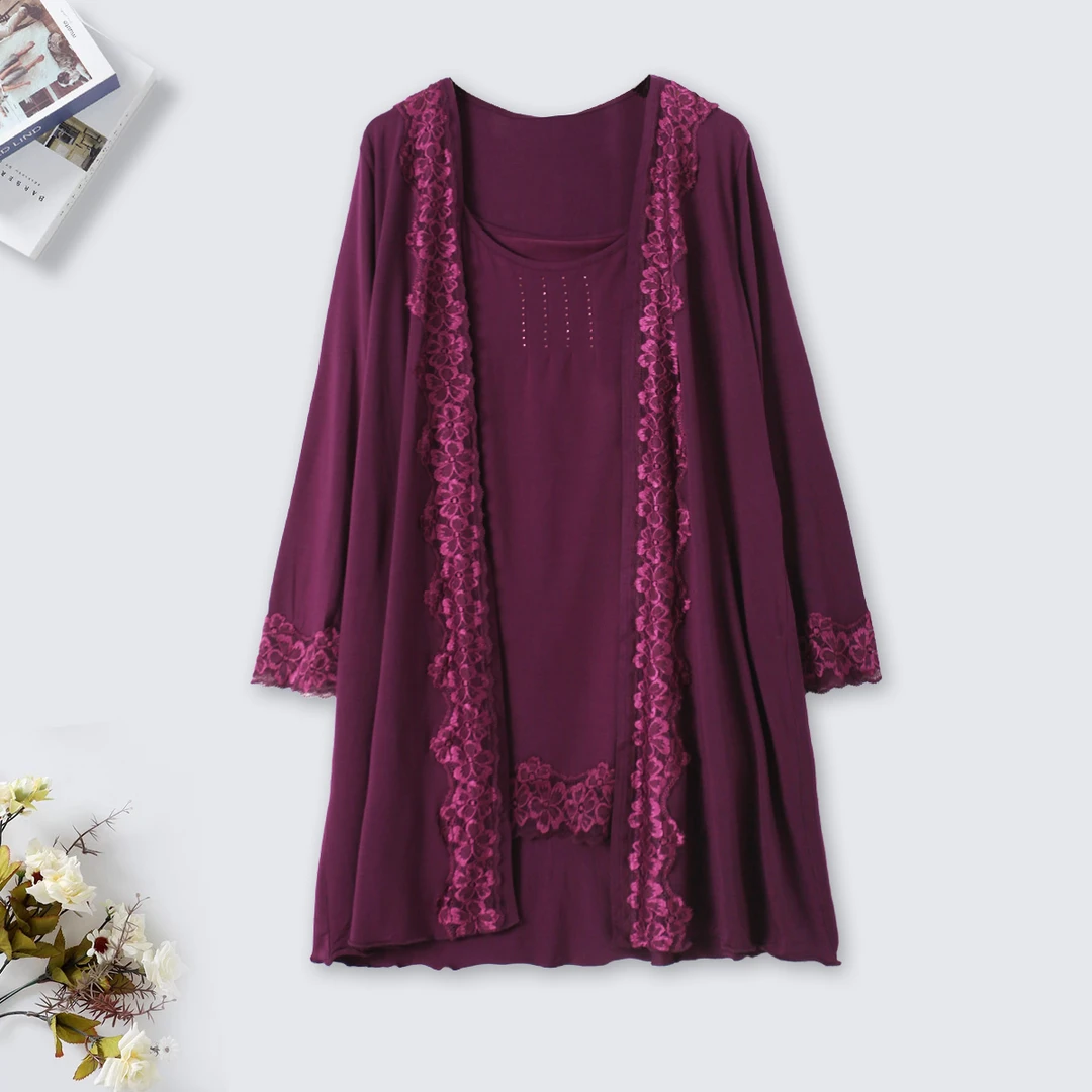 KK390 春季新款女士家居睡裙套装 镂空拼接薄款休闲宽松舒适