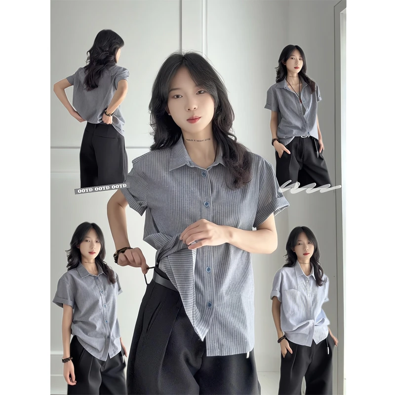 美式复古风条纹polo领衬衫修身百搭气质上衣直筒宽松休闲阔腿裤女