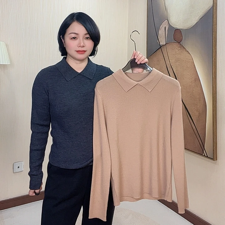 【嫩尼娅】小个子超细可机洗纯羊毛衫女翻领气质弹力针织打底衫显瘦