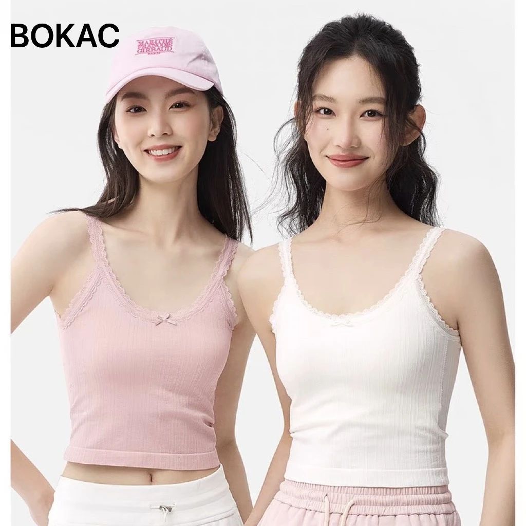 BOKAC蕾丝白色带胸垫吊带背心女新款内搭免穿文胸美背可外穿上衣
