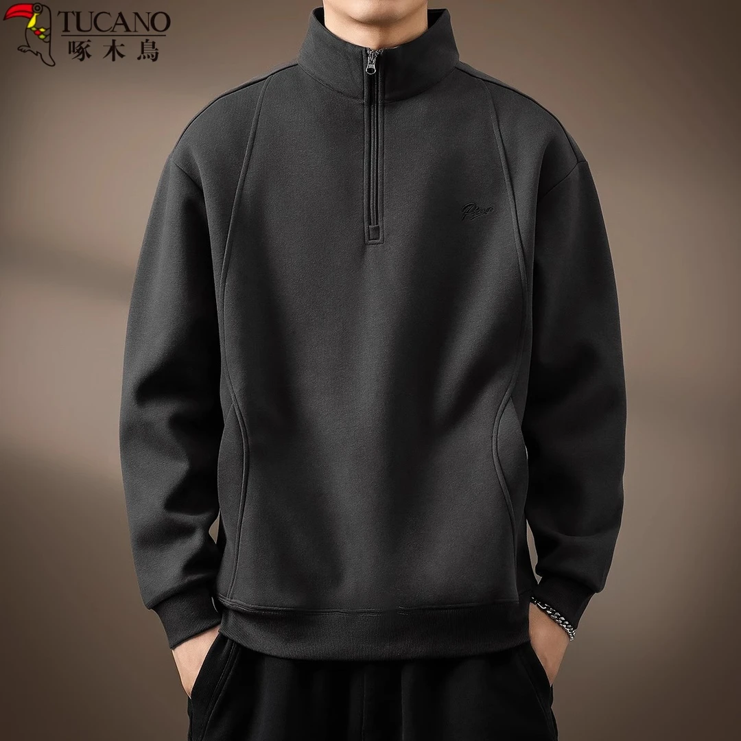 啄木鸟高端软糯美式半拉链立领卫衣秋冬新款宽松大码长袖Polo衫