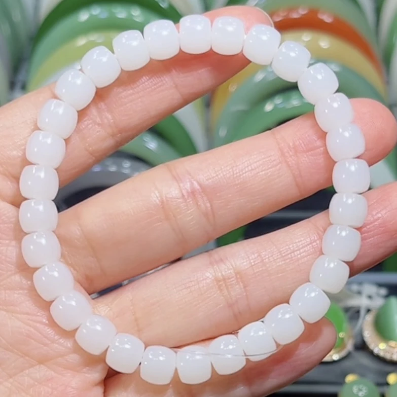 新疆和田玉山流水白玉手串7×6mm直切