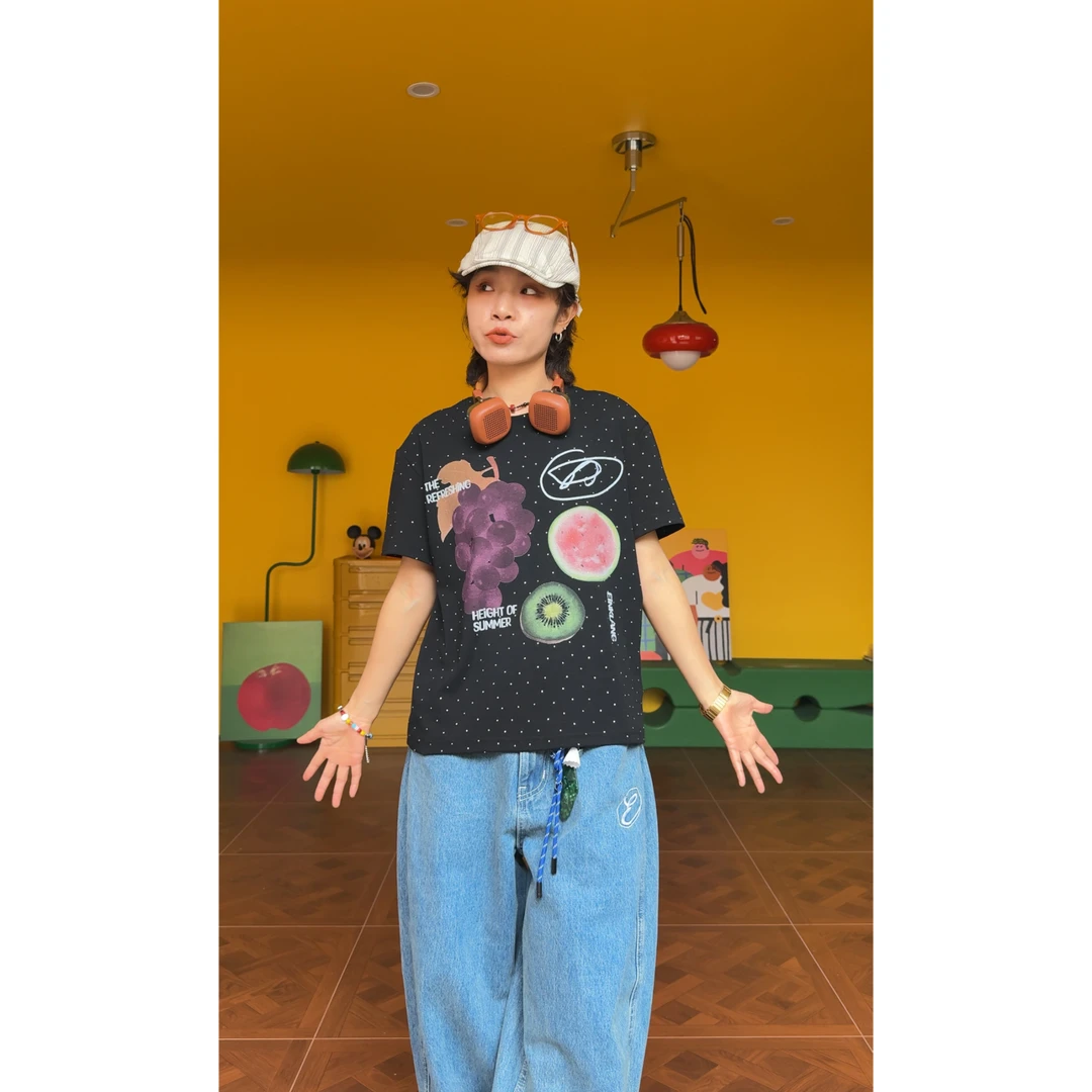 （丁达尔果盘）油画风美式复古小众原创设计撞色小领口插肩袖T恤