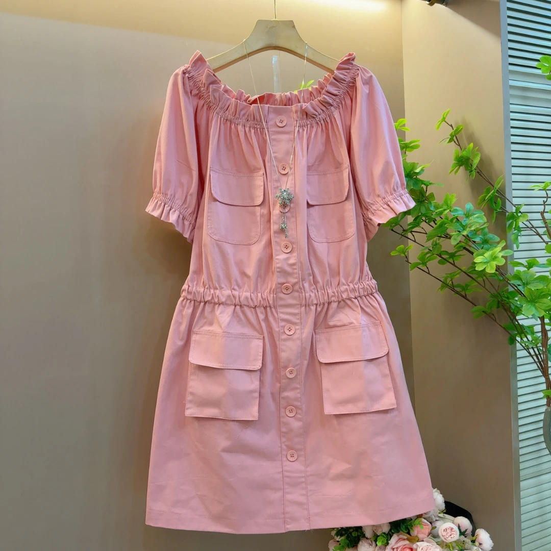 2025夏季新款一字肩大口袋工装款时尚显瘦大码连衣裙（长86左右）