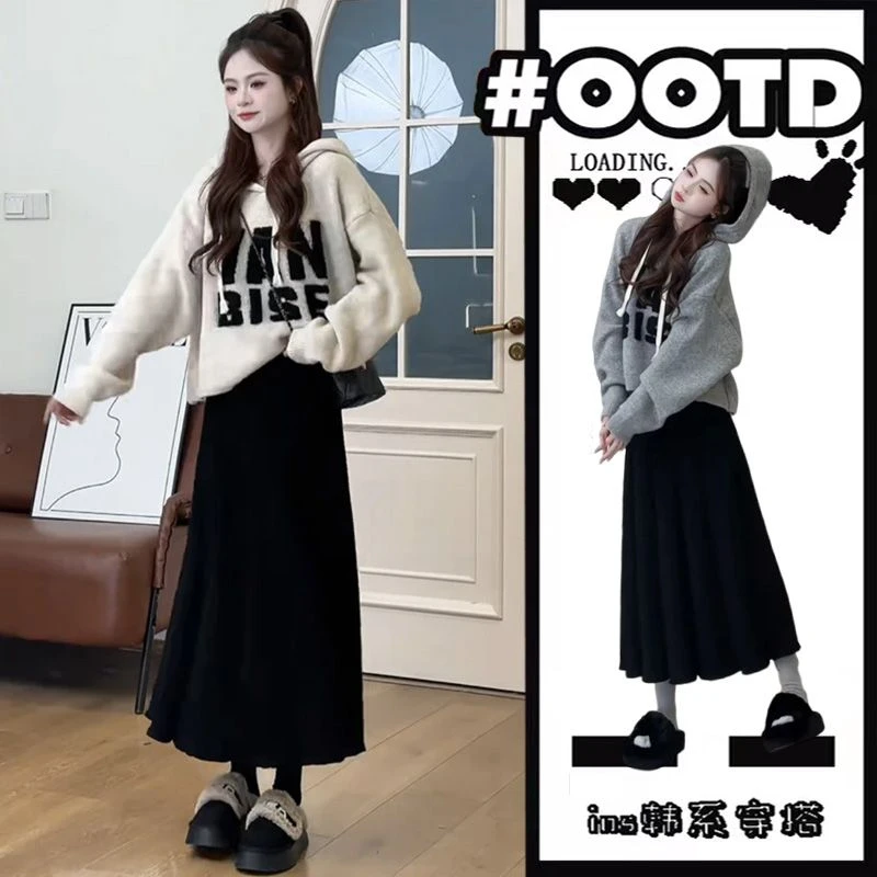 秋冬韩系穿搭女2025新款减龄针织连帽毛衣高腰显瘦半身裙两件套装