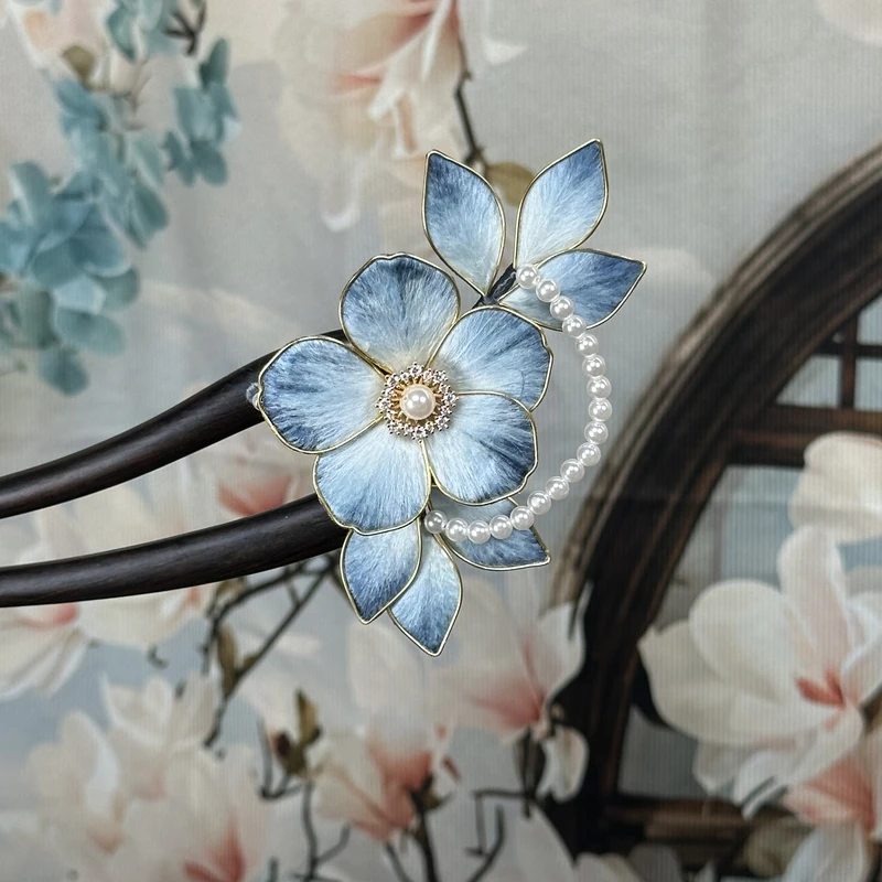 S031风华手工非遗绒花中式古风百搭日常檀木发簪