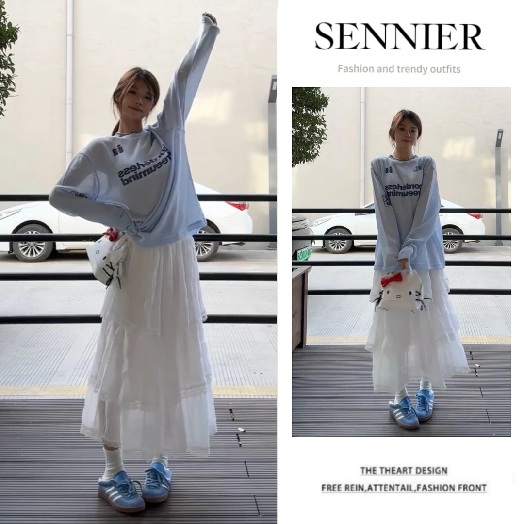 今年流行穿搭一整套2025新款字母印花长袖针织罩衫半身裙两件套装