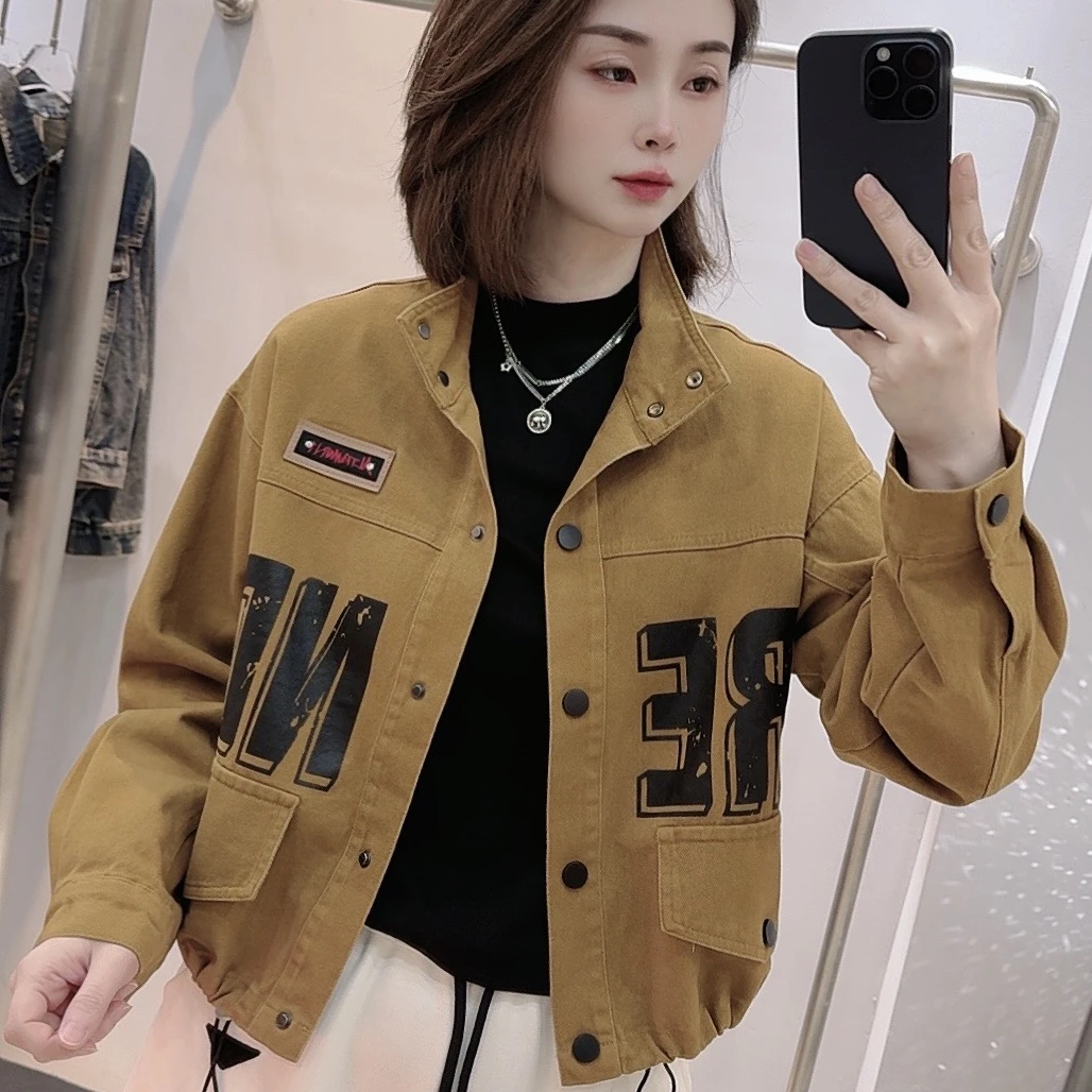 【601】时尚立领抽绳牛仔外套女春秋新款字母印花短款夹克上衣