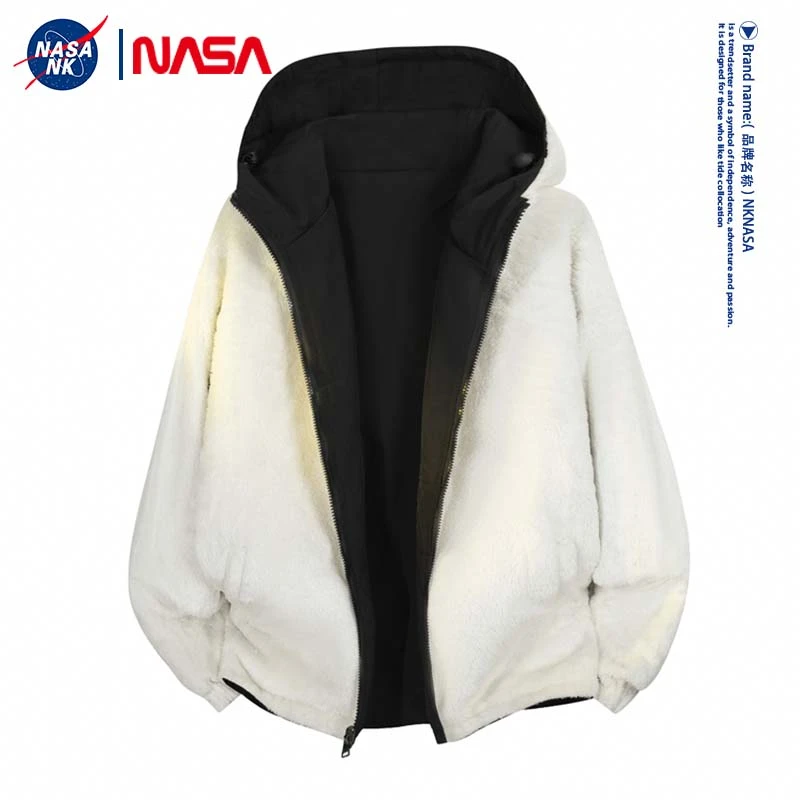 NASA联名美式双面穿兔绒连帽棉服男款冬季潮牌宽松加厚撞色棉袄子