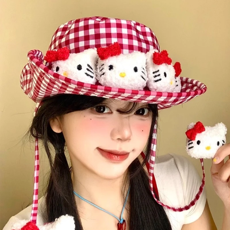 MISSKOI 甜美可爱kitty红格子绑带渔夫帽子女夏季出游遮阳防晒帽