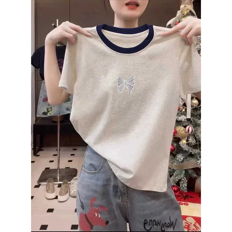 2025夏季新款正肩撞色纯棉短袖t恤女欧货时尚百搭休闲减龄上衣潮