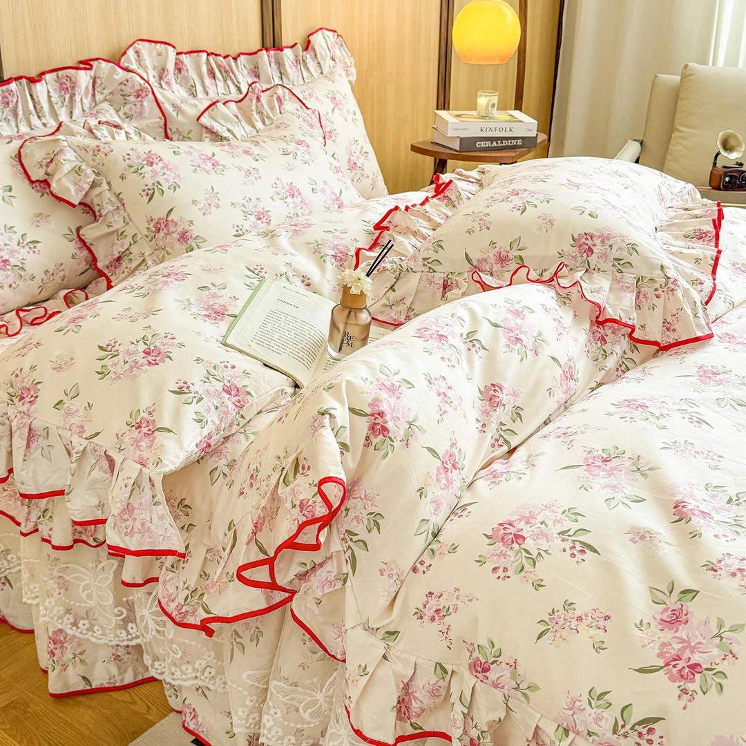 小碎花公主风全棉被套单件纯棉单双人单被罩200x230花边蕾丝床裙