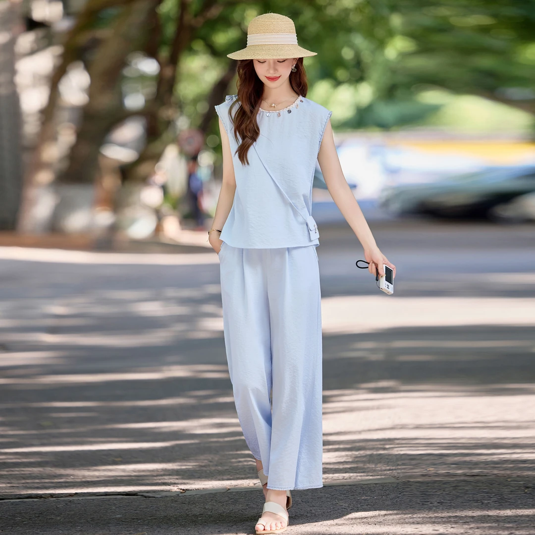 2025超火夏装一整套高级感气质减龄无袖上衣阔腿裤洋气休闲两件套
