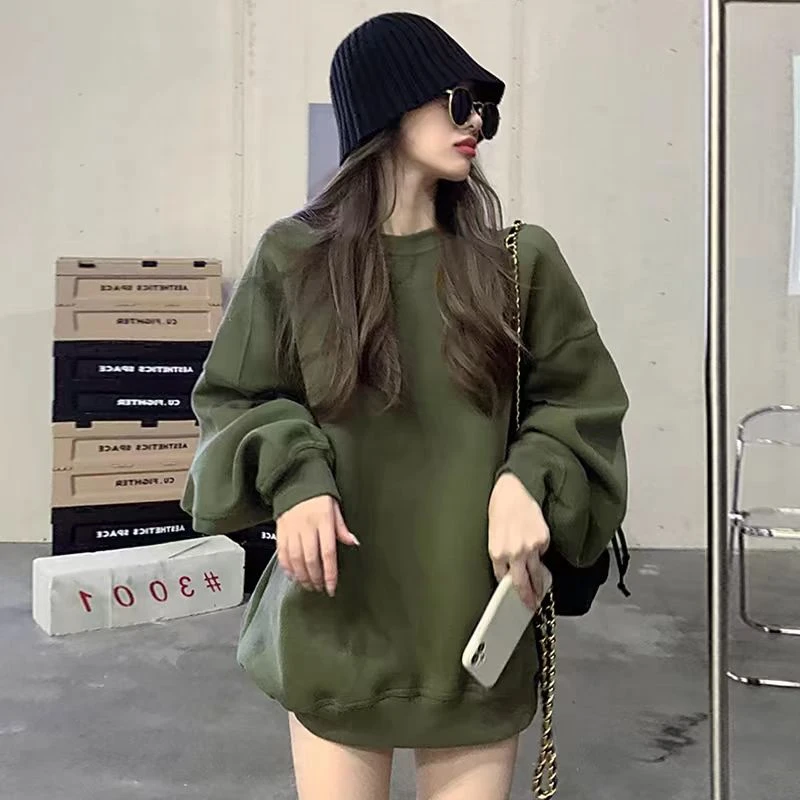 薄款中长款绿色连帽休闲风韩版卫衣常规女慵懒风圆领