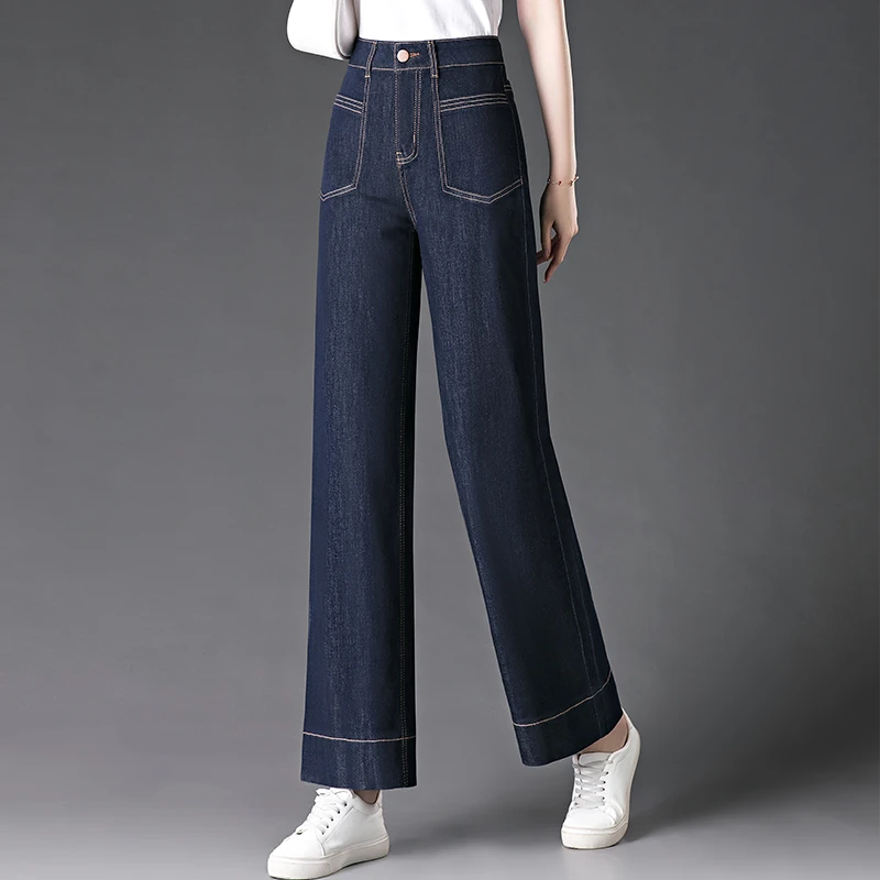天丝牛仔裤女2025夏季新款明线阔腿裤高腰小个子九分直筒裤子薄款
