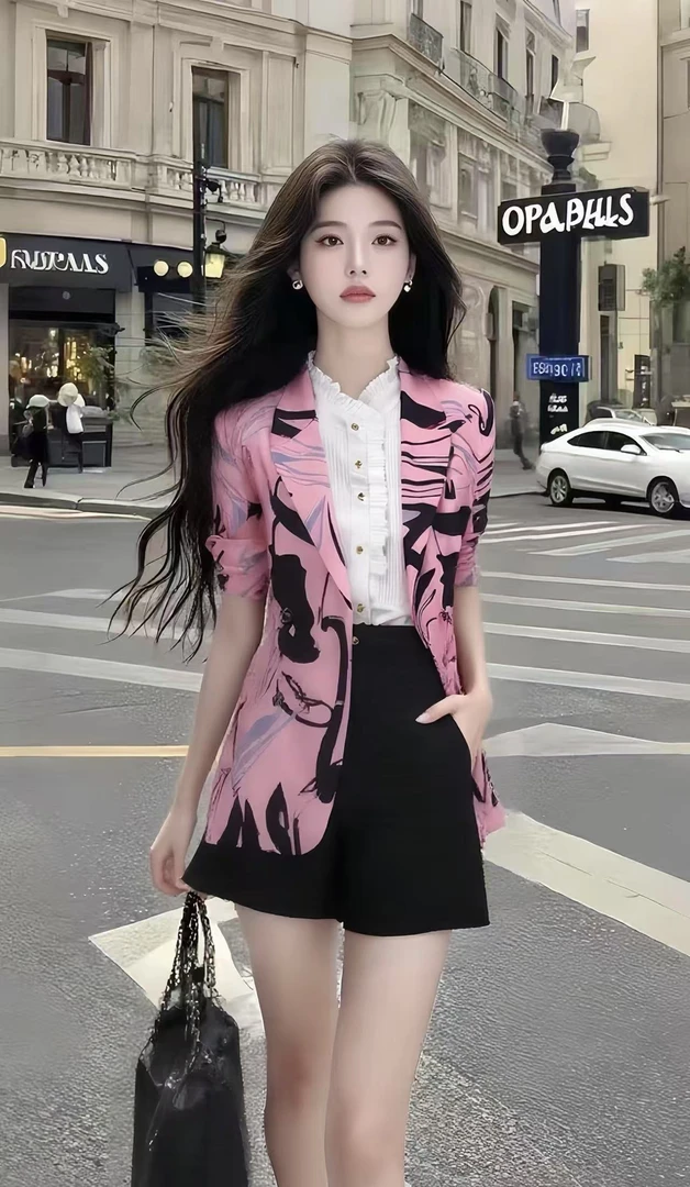 上衣小众印花衬衫小清新个性氛围感修身黑色半身裙新款夏季温柔