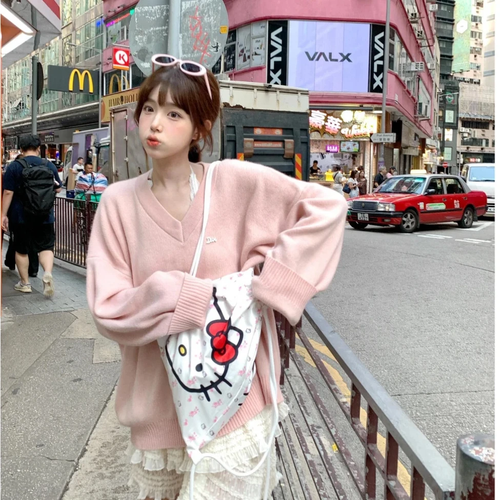 多巴胺V领宽松套头大毛衣慵懒学院风显瘦百搭针织秋冬外套