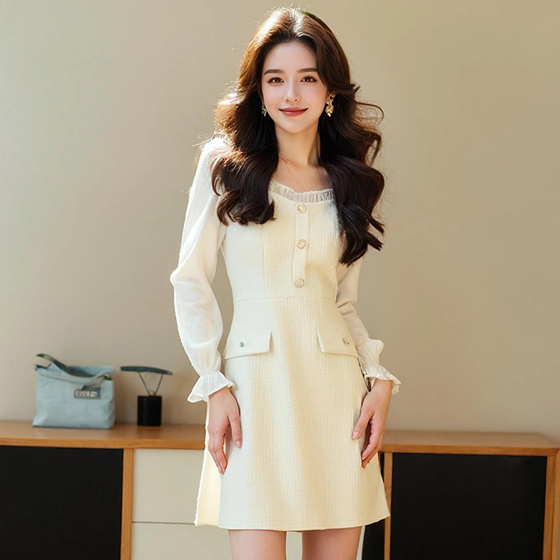 奢姿【白桦林】大码女装2025春季木耳边气质方领胖妹妹时尚连衣裙