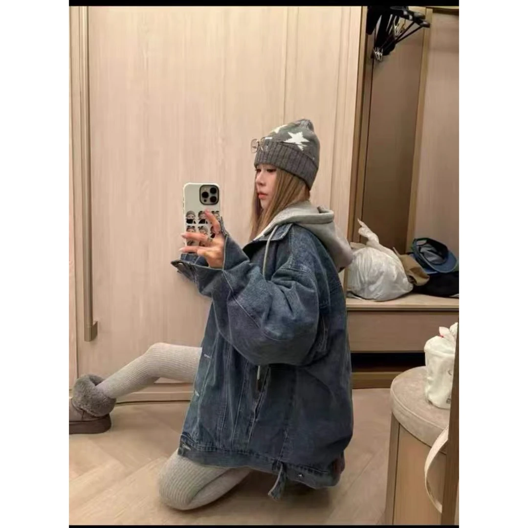 【大敏家】简约连帽复古风夹羽羽服牛仔外套（帽子可拆卸）