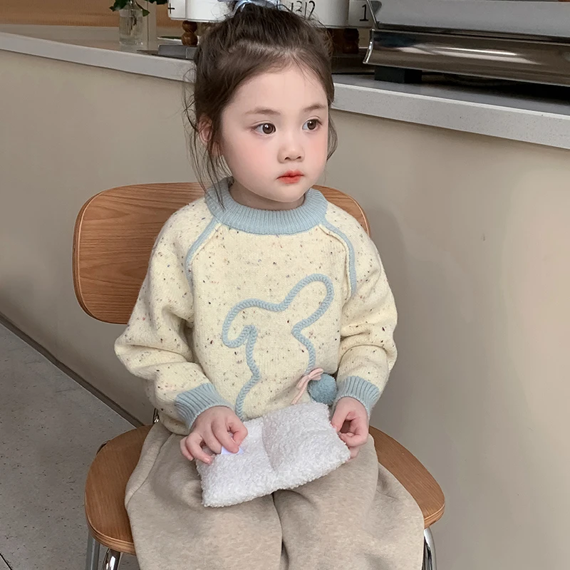 女童秋季2025时尚潮流儿童新款小兔子彩点中小童勾花休闲风毛衣