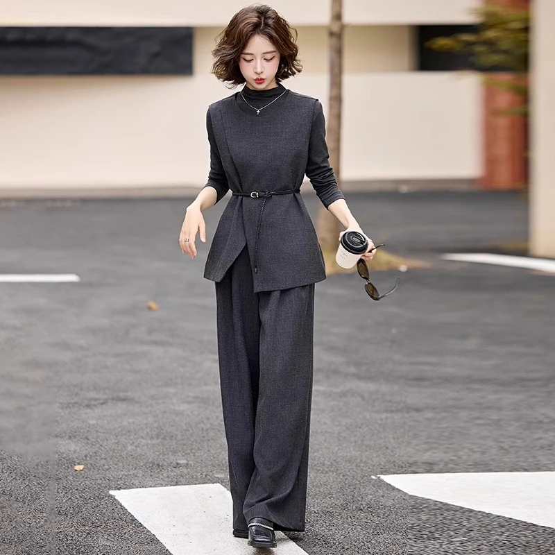 时尚洋气穿搭一整套2025春季新款法式高级感阔腿裤打底马甲三件套