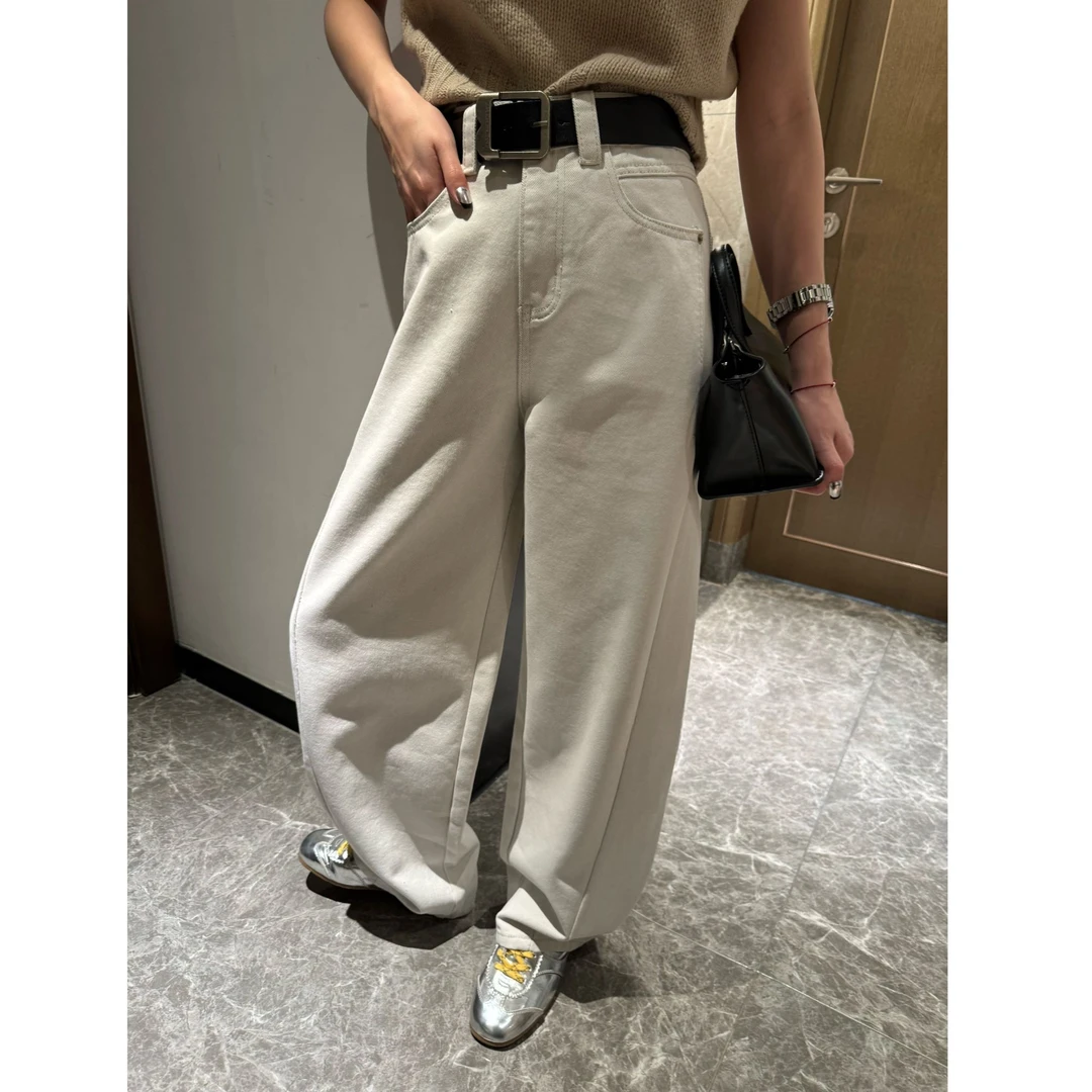 早春新款潮流气质时尚带腰带高品质米色减龄百搭牛仔裤89751-B