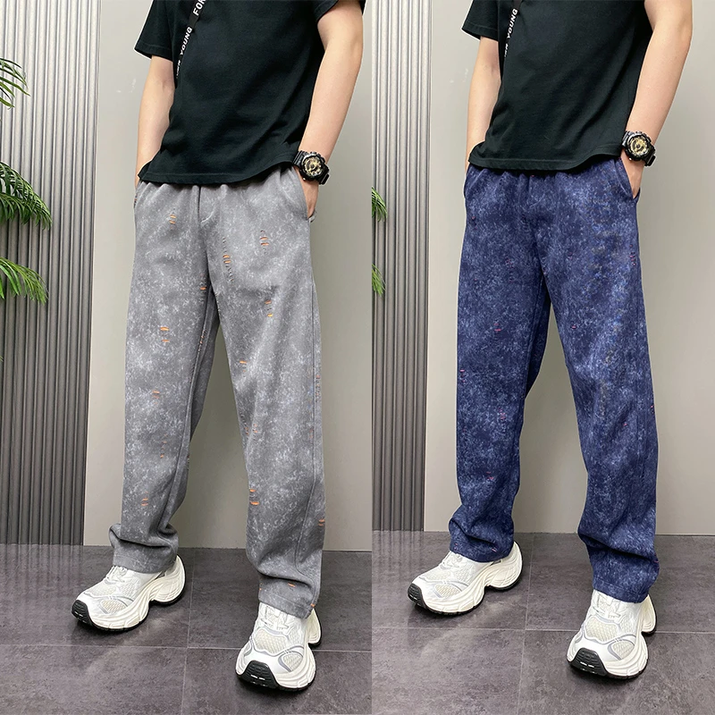 潮流弯刀裤男春秋新款痞帅刮烂做旧宽松直筒裤免烫高级感扎染休闲