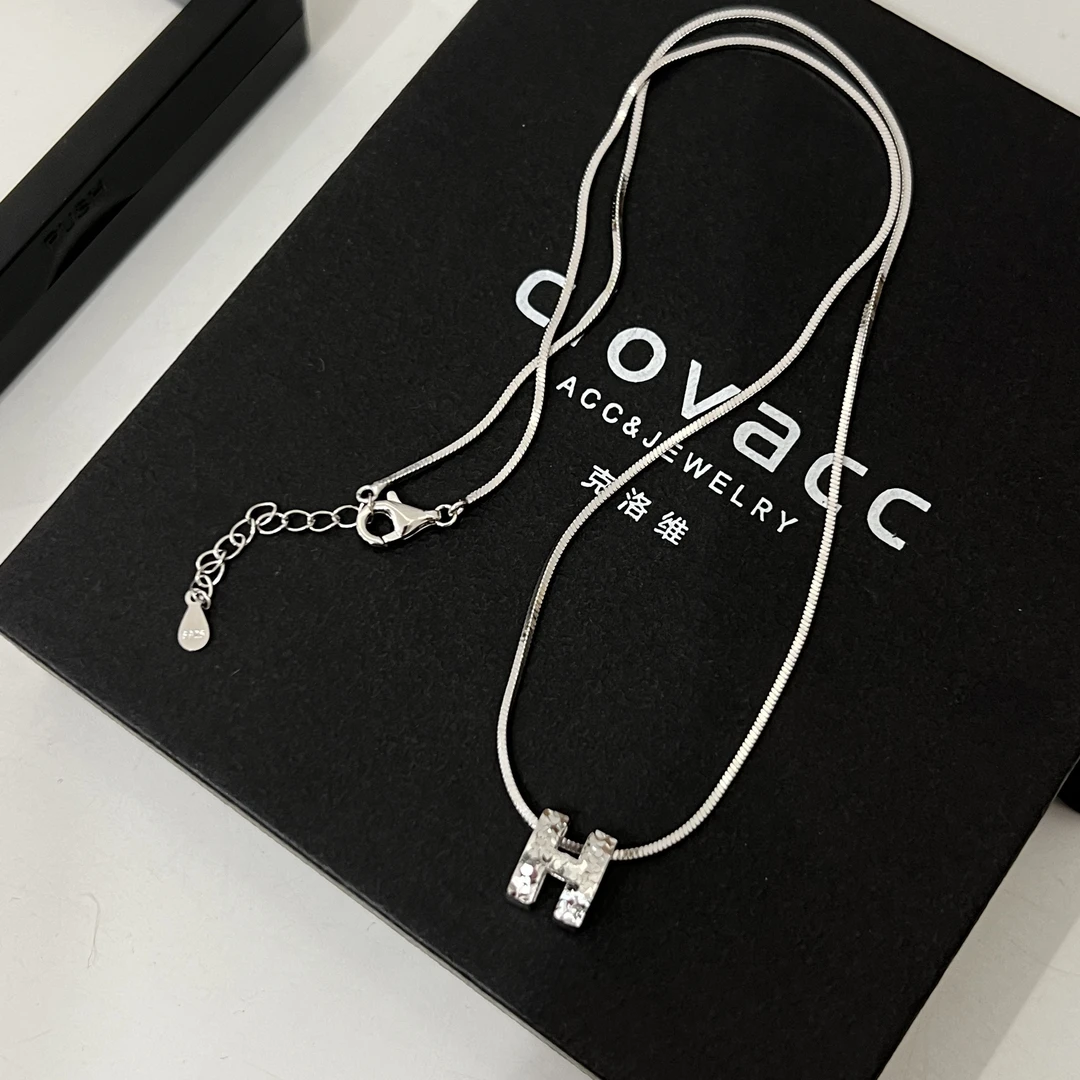 坠链均925银 《美高学姐》气质高级感车花H字母吊坠银项链42+3cm