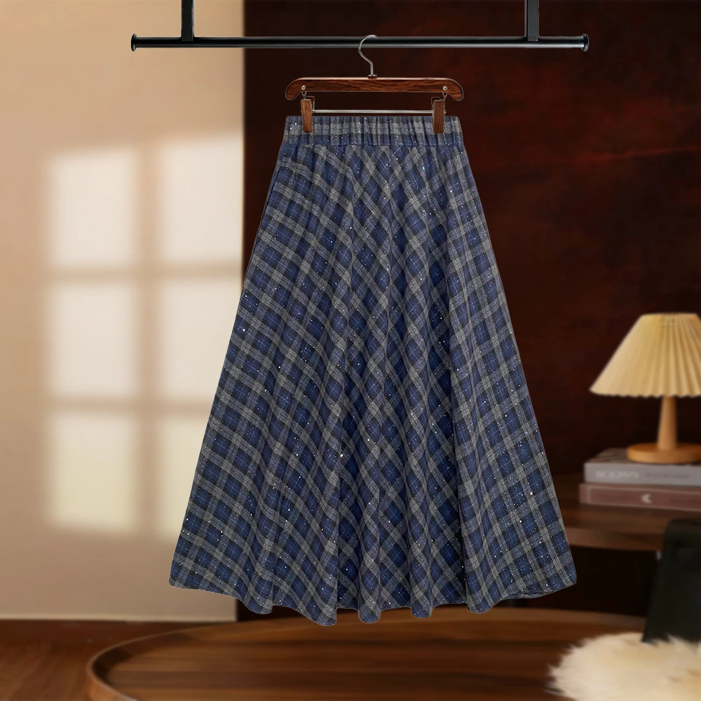 2025年秋季复古格子宽松垂感毛呢A字裙女高腰百搭中长裙D8024