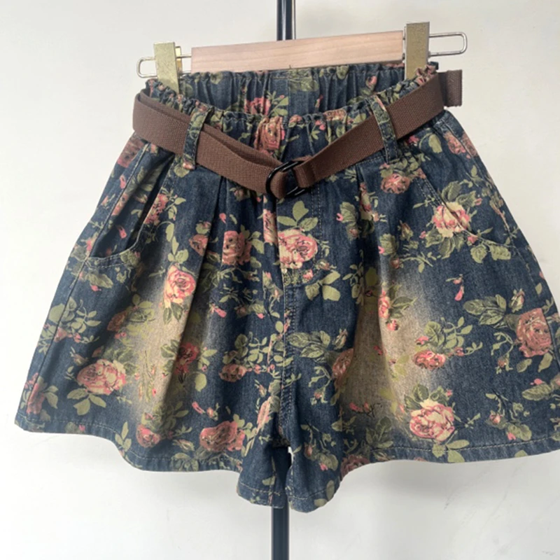 印花牛仔短裤女夏季大码胖mm宽松裙裤个性大口袋显瘦阔腿五分裤潮