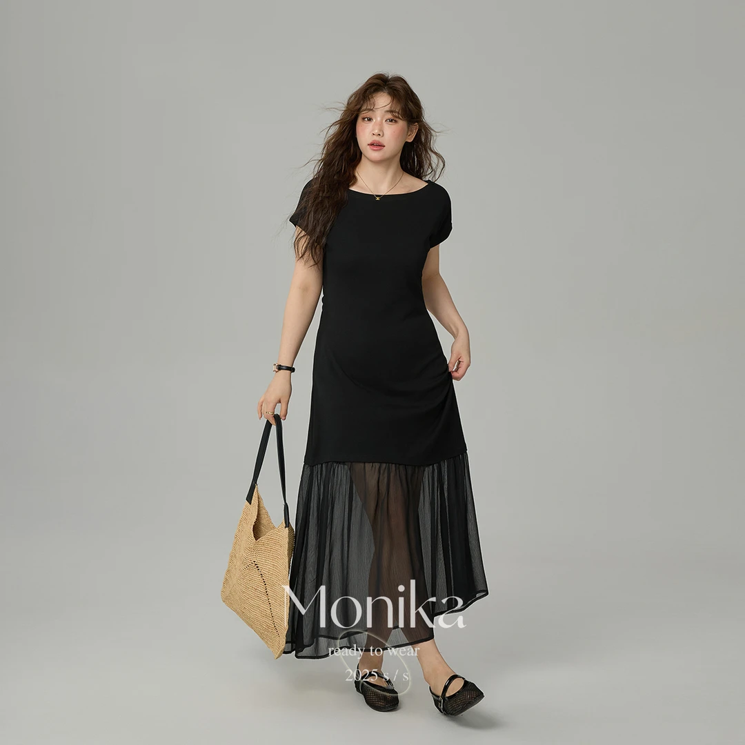 大码遮肚显瘦网纱拼接法式连衣裙女夏季胖MM气质小黑裙子75916