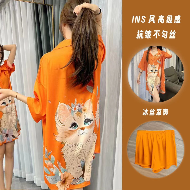 夏季冰丝睡衣女士性感甜美宽松大码丝绸衬衫睡裙套装可外穿家居服