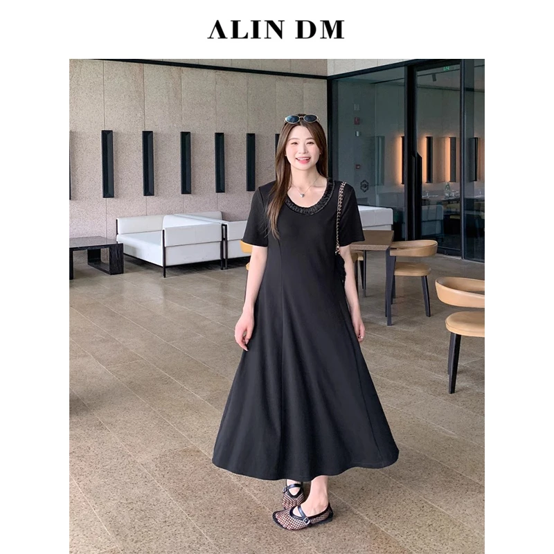 ALINDM【ALINDM年中大清仓】大码微胖mm花边领短袖连衣裙-AG61013