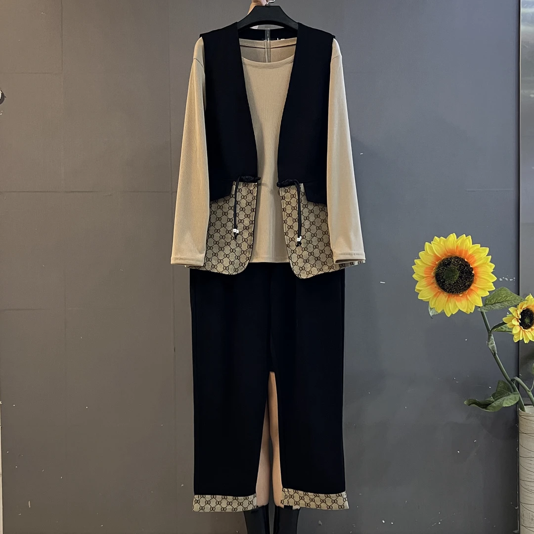 早秋新款时尚休闲大码女装马甲长裤T恤遮肉显瘦三件套套装