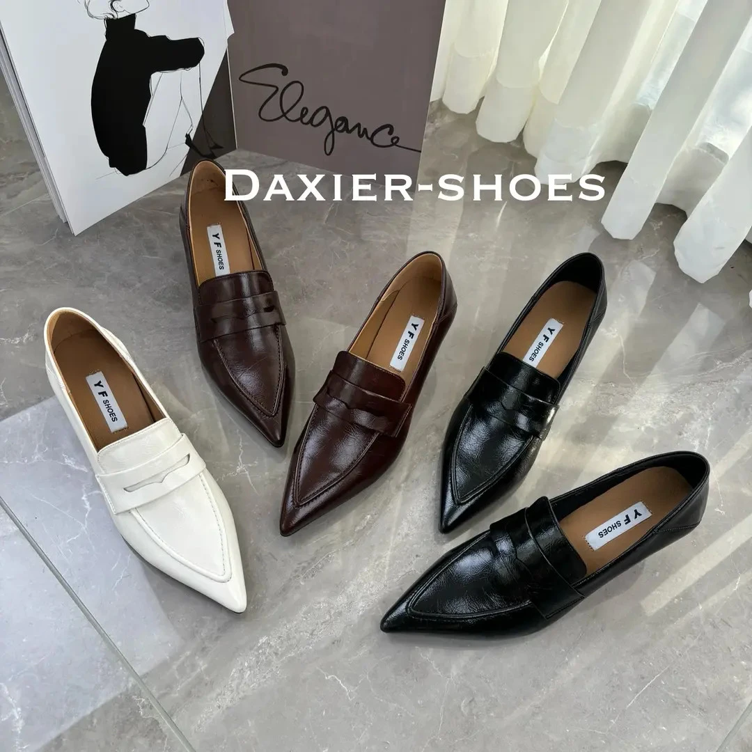 大喜儿2025年春夏款法式复古小皮鞋棕色尖头乐福鞋韩版时尚单鞋女