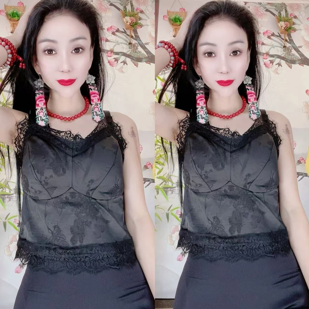 蕾丝边带胸垫吊带11012