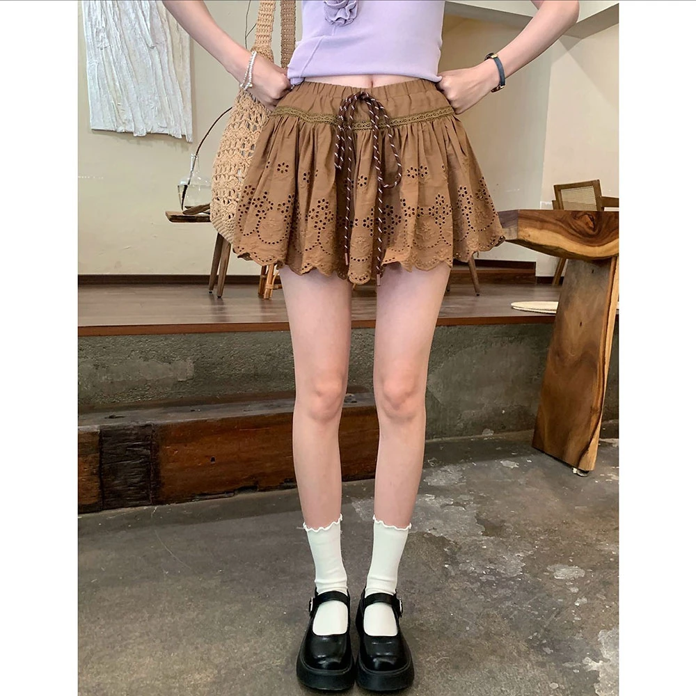【现货】2025夏季新款复古镂空系带A字裙收腰半身裙系带韩版短裙女