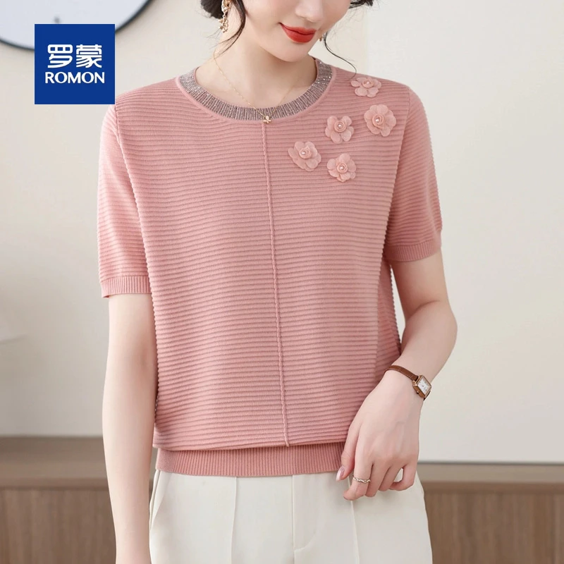 罗蒙年轻妈妈装夏装40-50岁洋气减龄短袖T恤上衣中年女针织衫套装