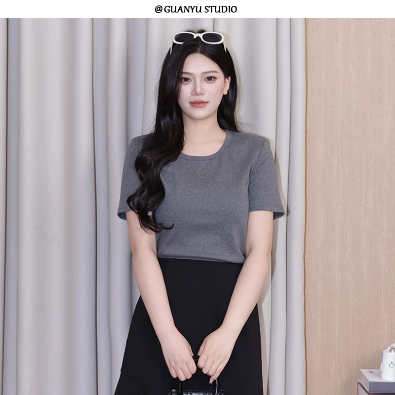 【纯色T】蛋妹大码女装胖mm夏季显瘦藏肉百搭短款T恤上衣DM26278