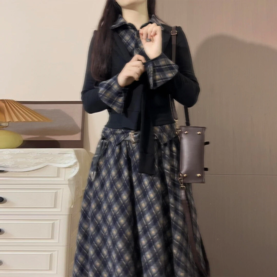 韩系一整套深冬穿搭独特漂亮针织上衣格纹半身长裙套装女秋冬新款